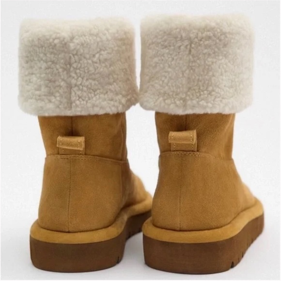 Zara brown real suede leather and fleece flat ankle boots NWT - Picture 2 of 10